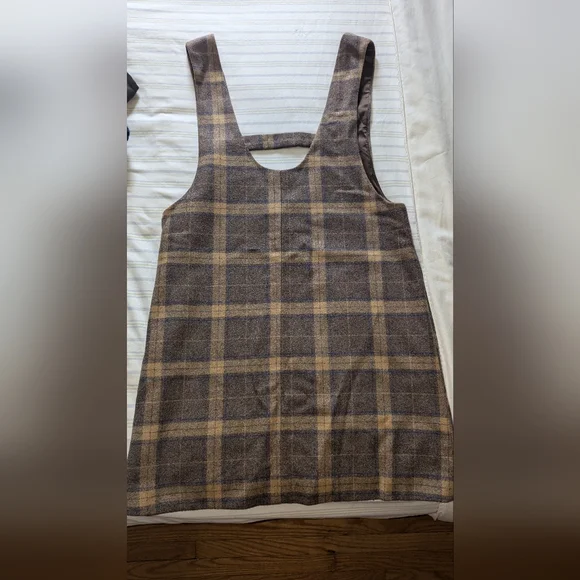Brown Plaid Reprocessed Wool Pinafore Jumper Dress -Brand New, Preppy Fall Dress - Picture 2 of 6